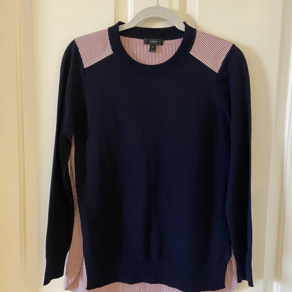 J. Crew Womens Mixed Media Merino Wool Sweater Top Navy & Red Striped Size XS